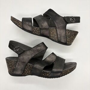 Dansko Stacey Wedge Sandal Size 10 Euro 40 Black Metallic Suede Cork Ankle Strap